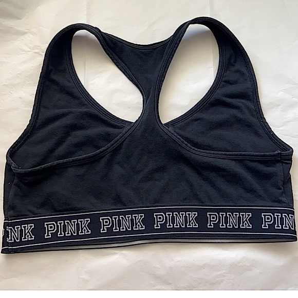 🟢2 FOR $15❣️PINK VICTORIA’S SECRET BLACK RACERBACK SPORTS BRA *LACED FRONT EUC - Picture 2 of 3